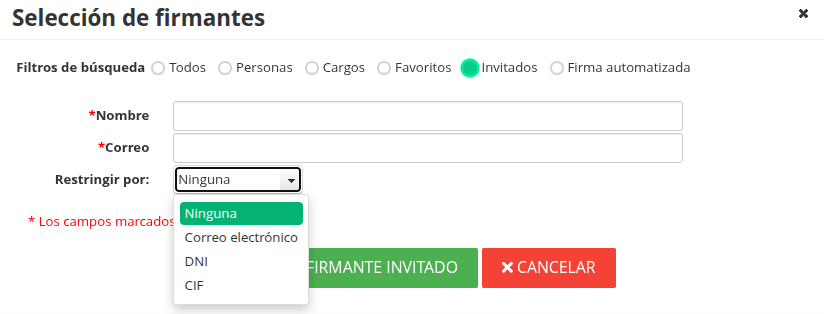 Diálogo de inserción de firmantes invitados con restricciones habilitadas