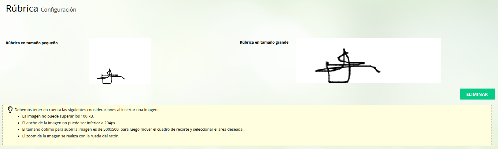 Pantalla de edición de la rúbrica del usuario